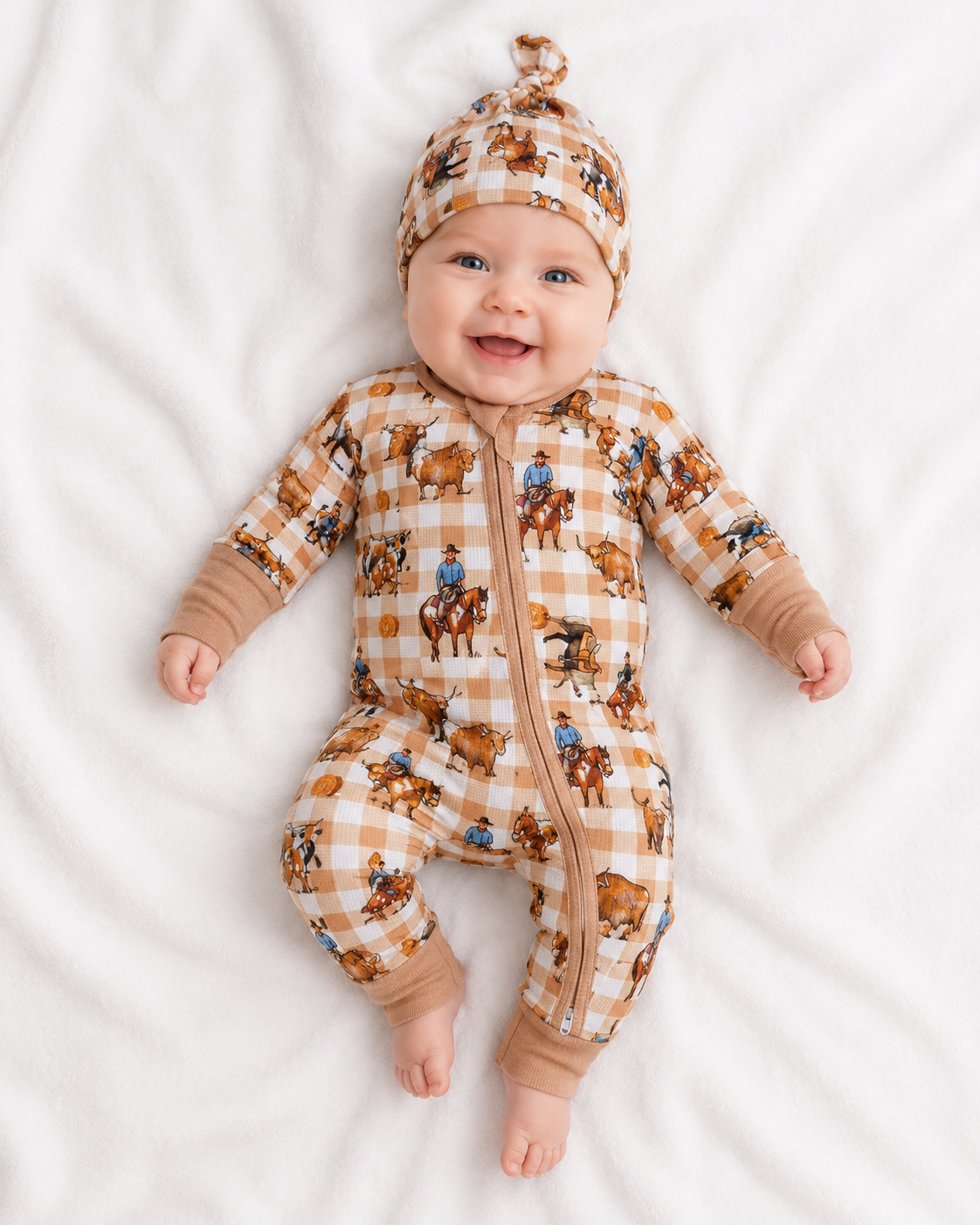 Cowboy Waffle Cotton Onesie With Beanie-Little Windmill Clothing Co