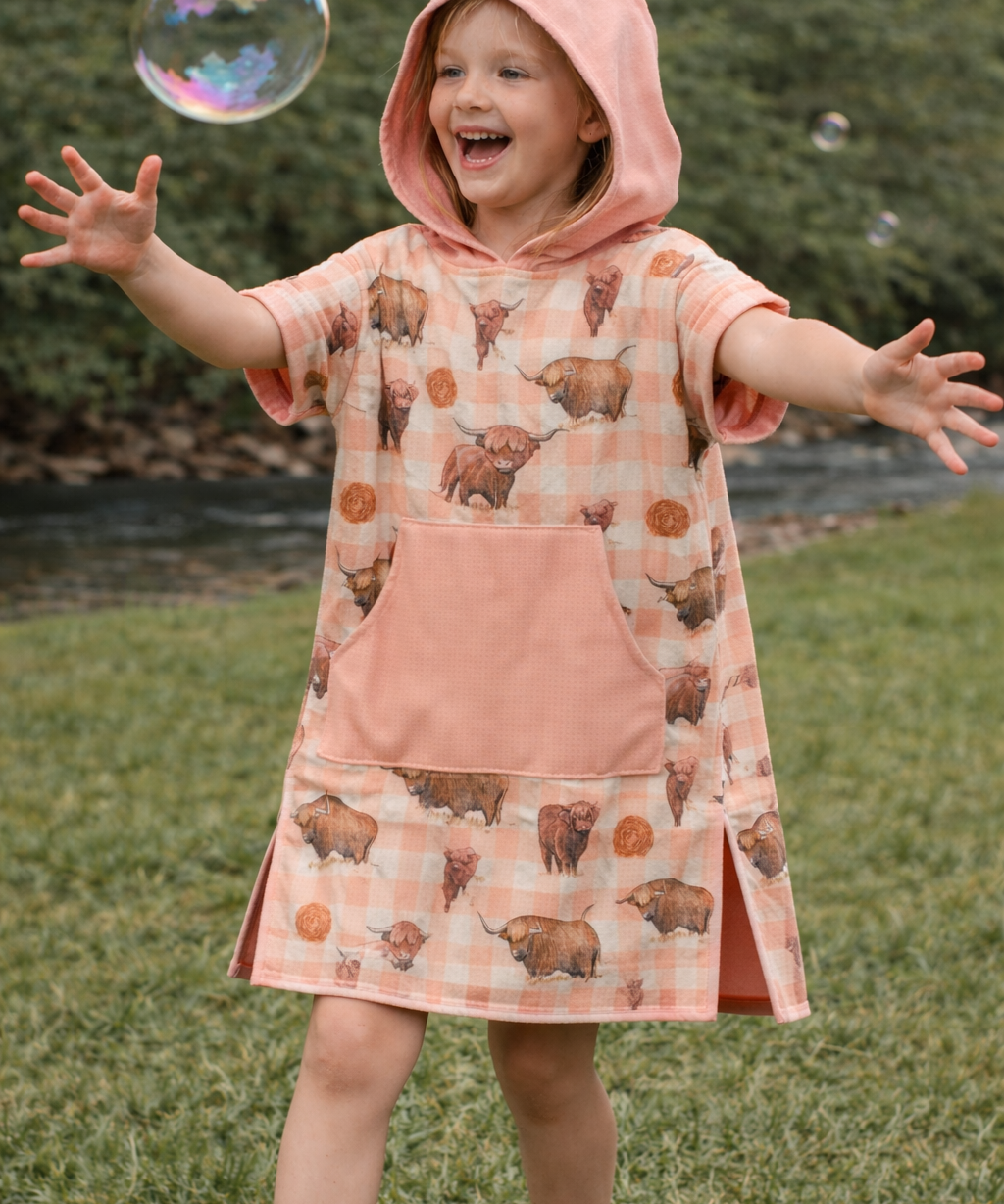 Peach Highlander kids waffle towel front view showing pretty peach highlander print waffle towel for kids