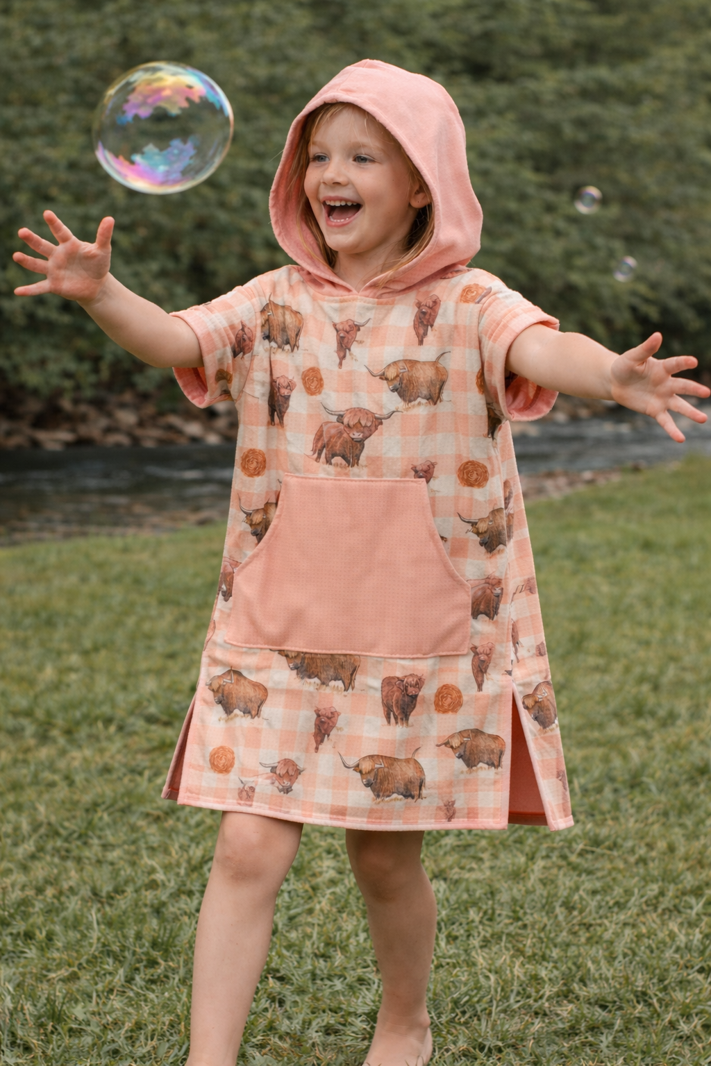 Peach Highlander kids waffle towel front view showing pretty peach highlander print waffle towel for kids