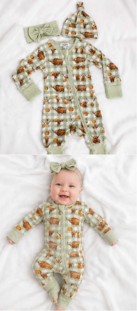 Highlander Waffle Cotton Onesie With Beanie & Bow-Little Windmill Clothing Co