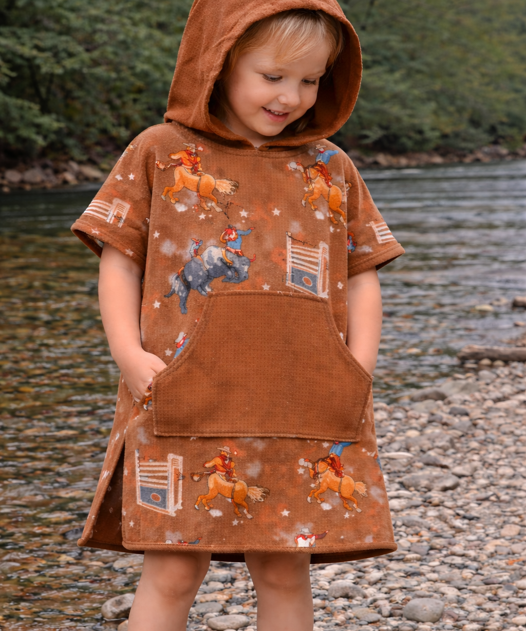 Bull Rider brown kids waffle towel front view showing cool bull rider print waffle towel for kids