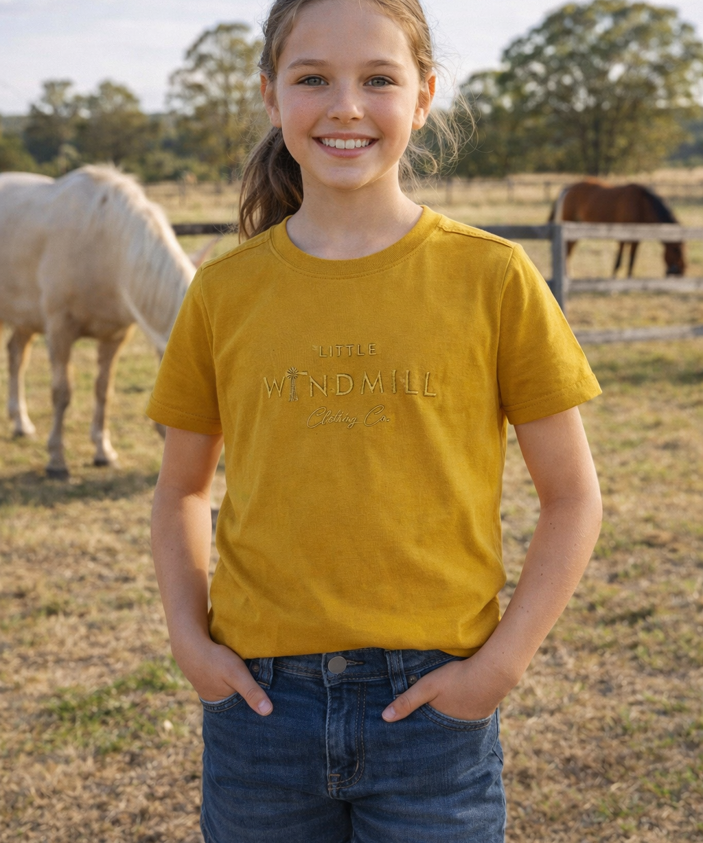 LWCC embroidered kids tee mustard worn by child showing boutique quality country casual style in mustard