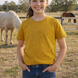 LWCC embroidered kids tee mustard worn by child showing boutique quality country casual style in mustard
