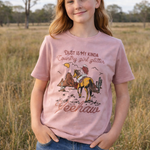 Country Girl Glitter Yeehaw graphic kids tee flatlay showing full glitter Yeehaw design