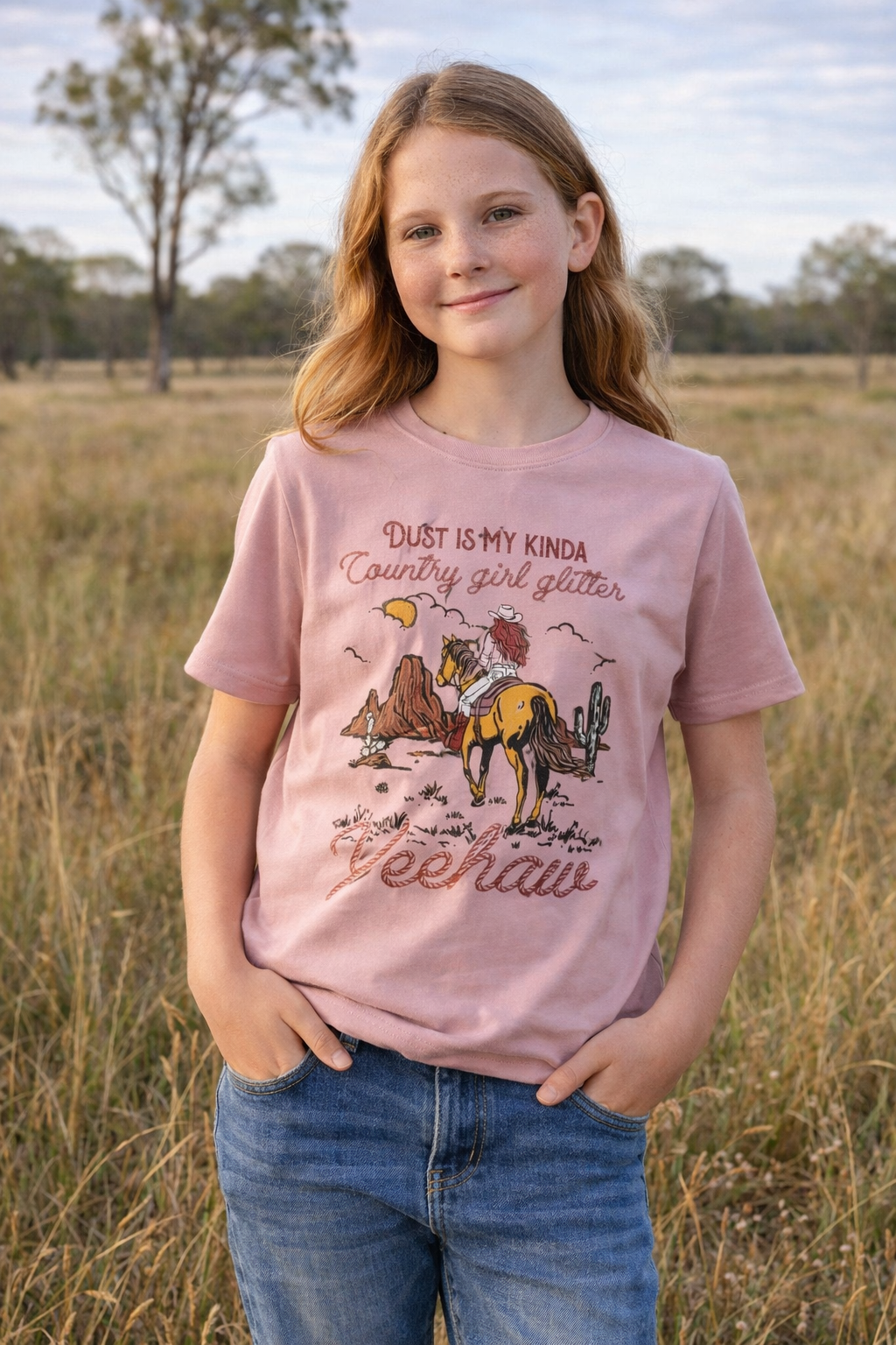 Country Girl Glitter Yeehaw graphic kids tee flatlay showing full glitter Yeehaw design