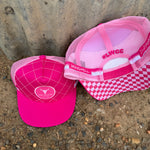 Hot pink quilted cap worn showing fun bright country casual style