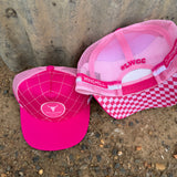 Hot pink quilted cap worn showing fun bright country casual style