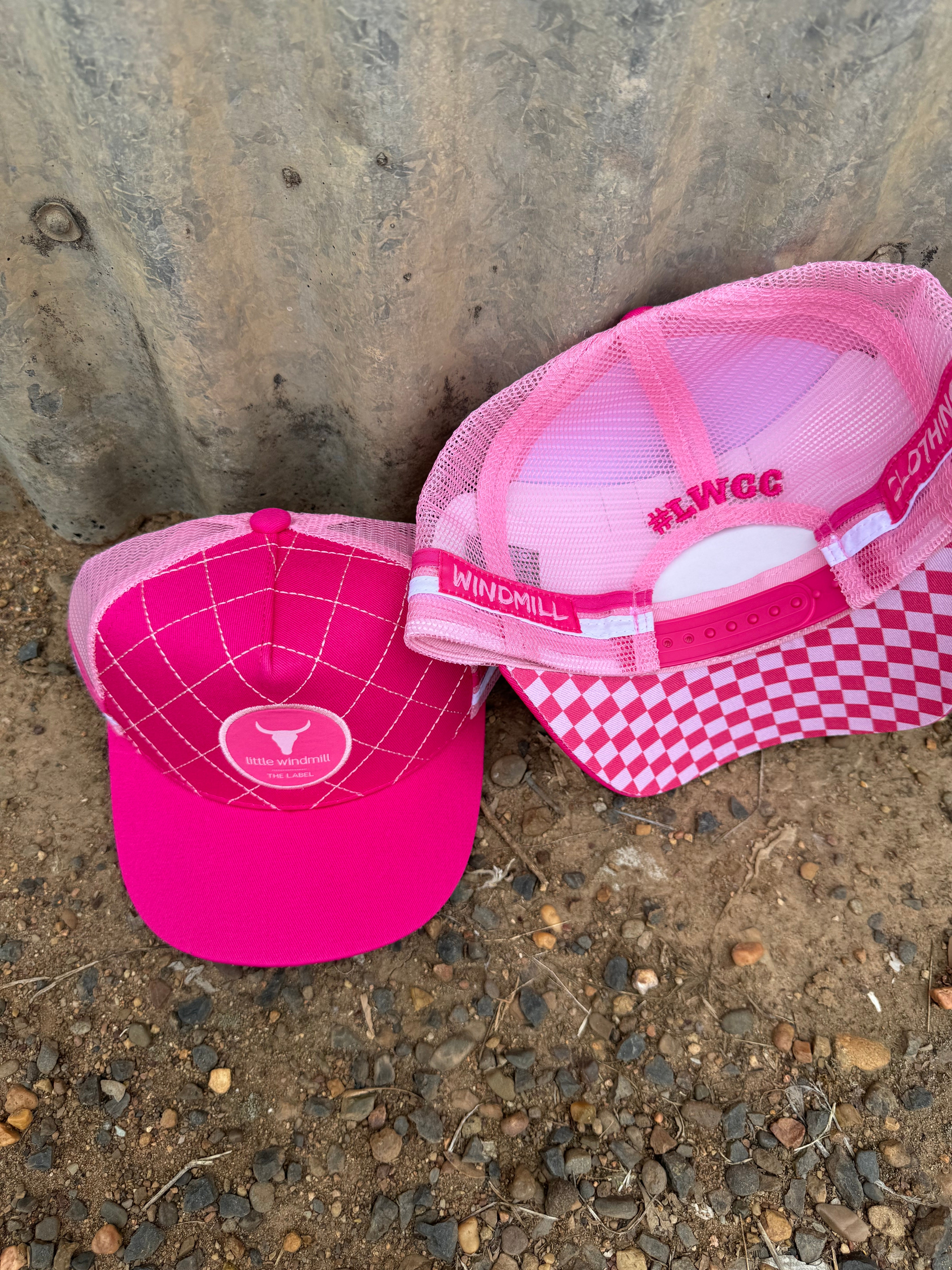 Hot pink quilted cap worn showing fun bright country casual style