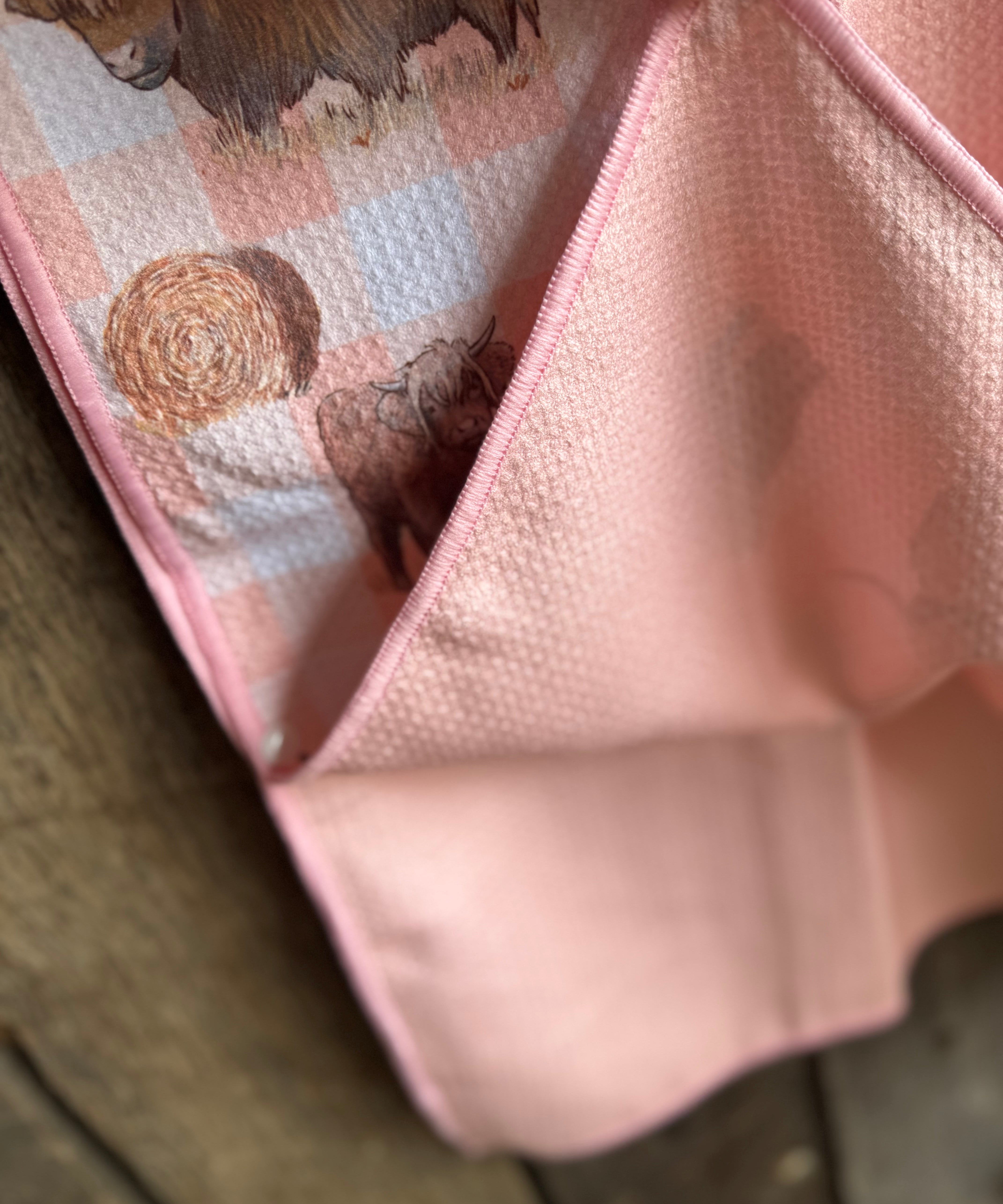 Peach Highlander kids waffle towel reverse showing quality waffle texture and peach highlander design
