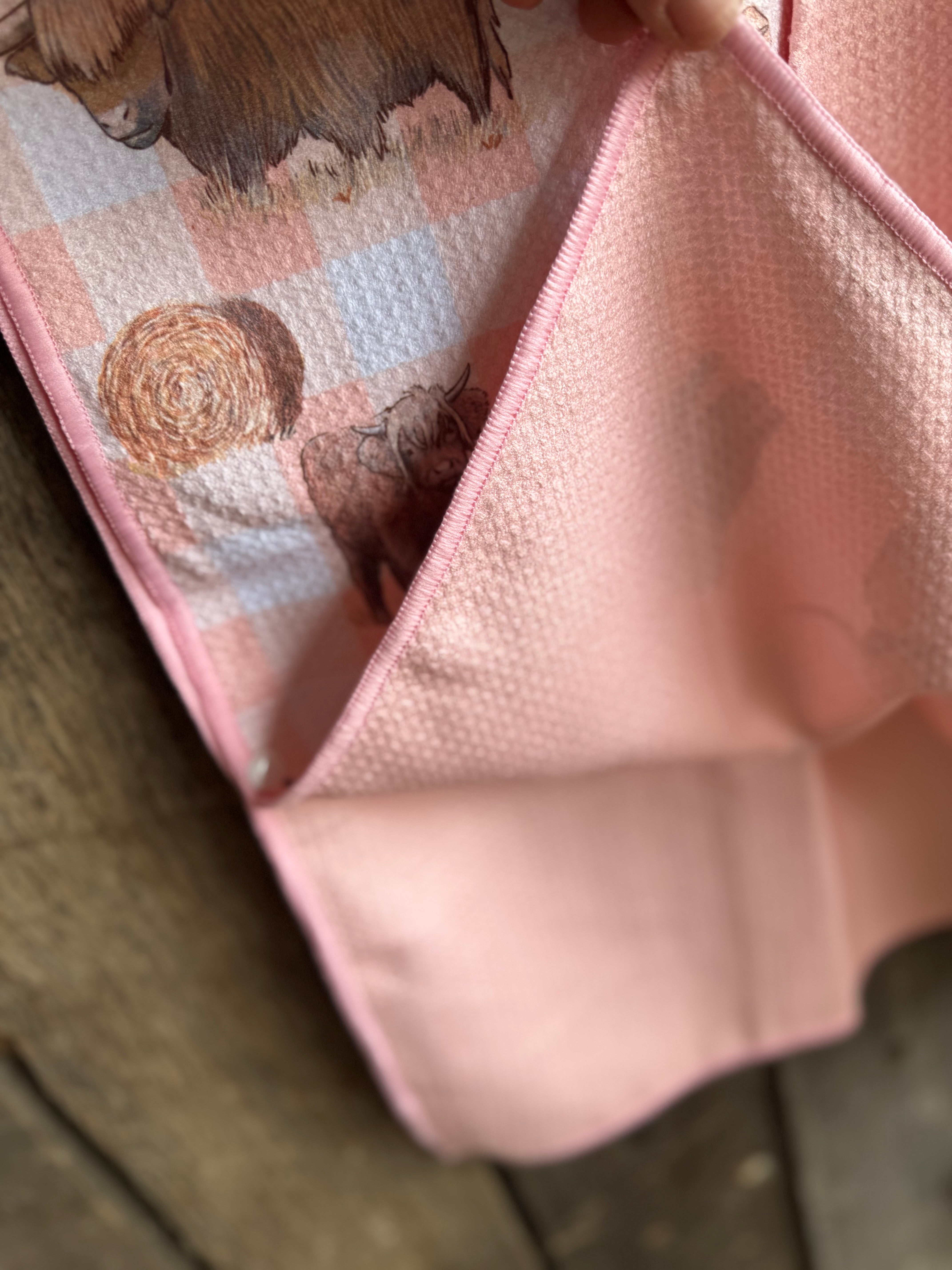Peach Highlander kids waffle towel reverse showing quality waffle texture and peach highlander design