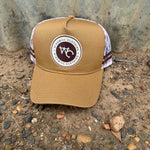 Adults and youth caramel bronc cap front view showing classic bronc rider emblem on warm caramel colourway