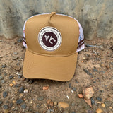 Adults and youth caramel bronc cap front view showing classic bronc rider emblem on warm caramel colourway