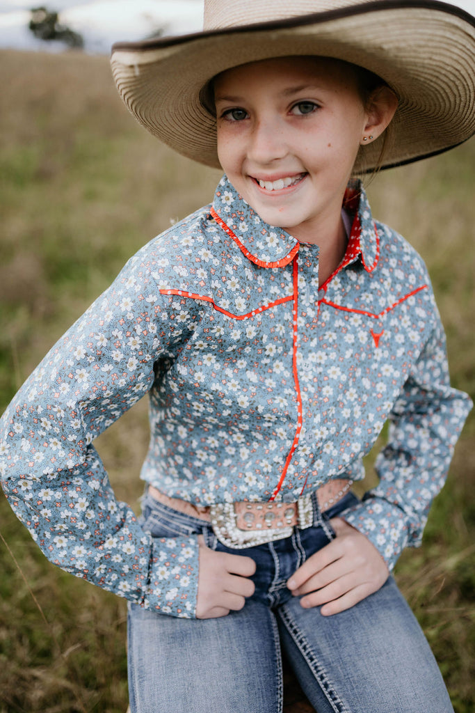 "Paris Jnr" Floral Blues and Red Western Yoke Long Sleeve Shirt-Little Windmill Clothing Co