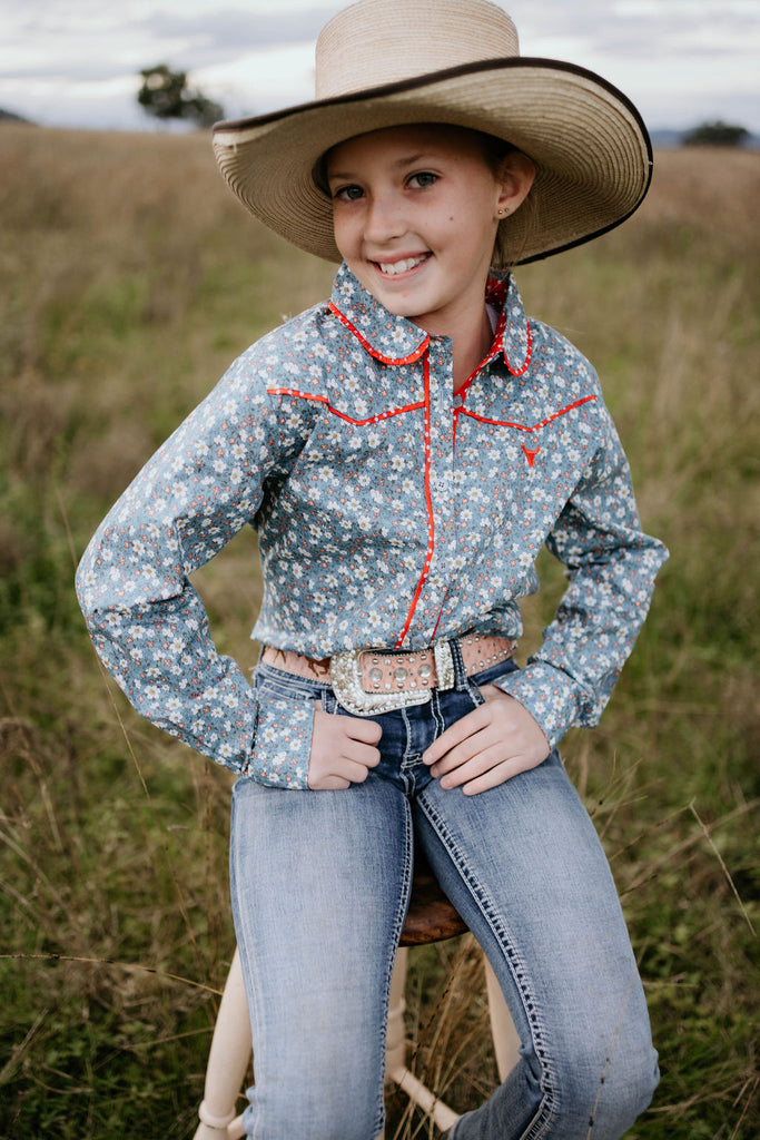 "Paris Jnr" Floral Blues and Red Western Yoke Long Sleeve Shirt-Little Windmill Clothing Co