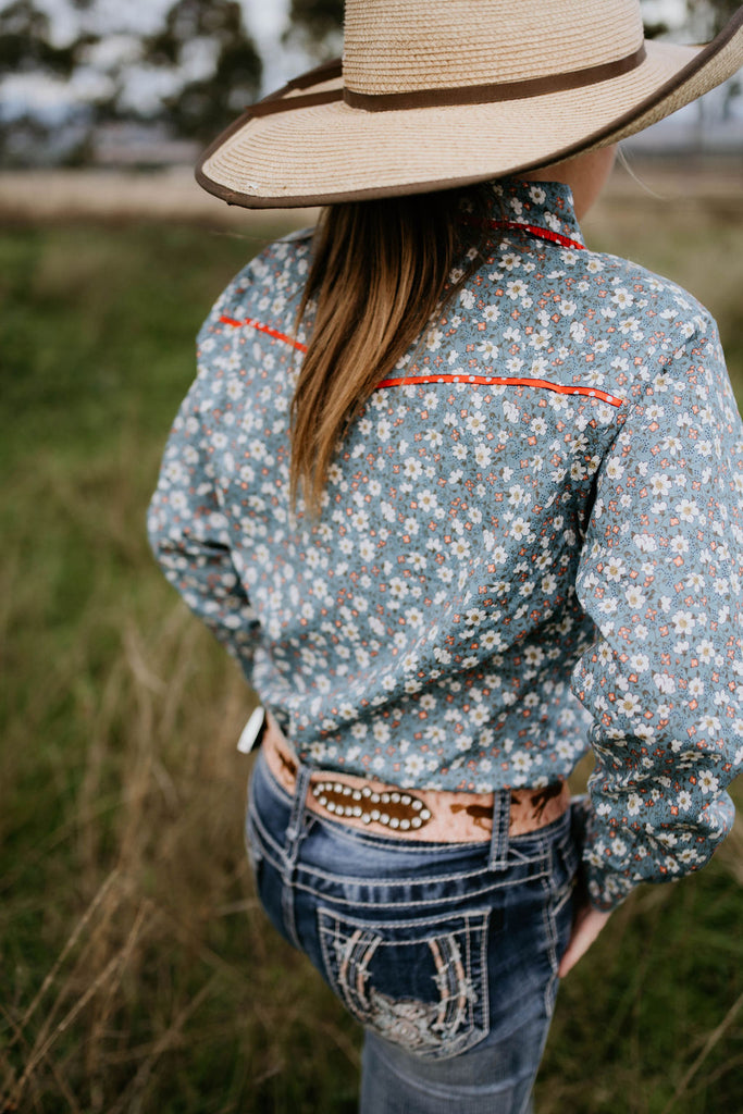 "Paris Jnr" Floral Blues and Red Western Yoke Long Sleeve Shirt-Little Windmill Clothing Co