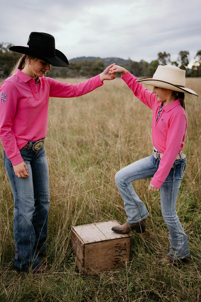 "Hallie Baby" Raspberry Pink Contrast Long Sleeve Polo-Little Windmill Clothing Co