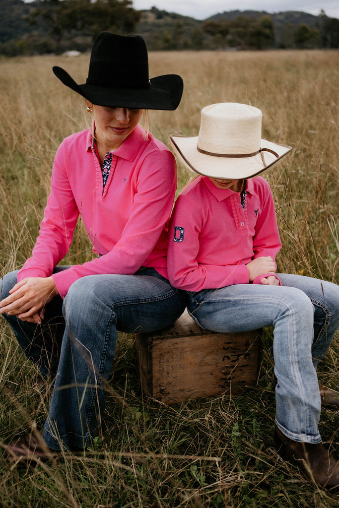 "Hallie Baby" Raspberry Pink Contrast Long Sleeve Polo-Little Windmill Clothing Co