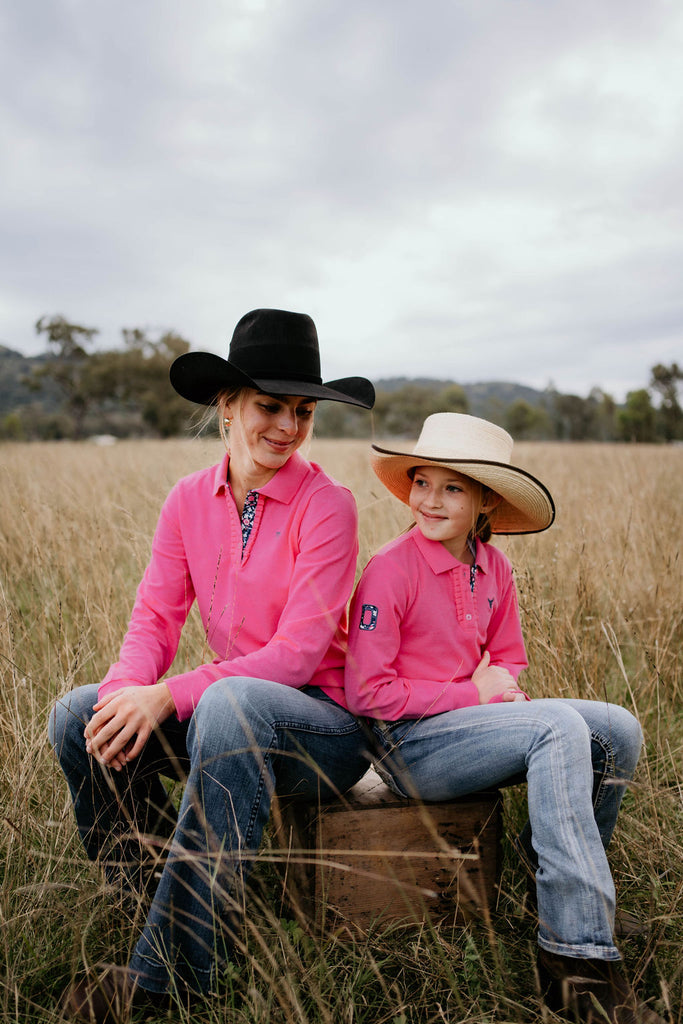 "Hallie Baby" Raspberry Pink Contrast Long Sleeve Polo-Little Windmill Clothing Co