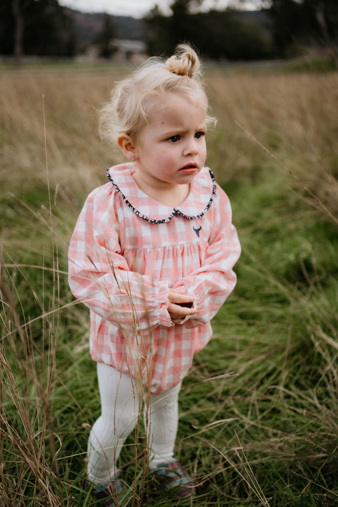 "River" Chucky Gingham Long Sleeve Bubble Romper-Little Windmill Clothing Co