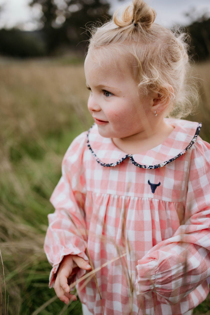 "River" Chucky Gingham Long Sleeve Bubble Romper-Little Windmill Clothing Co