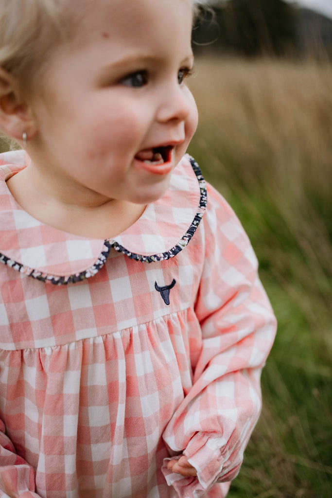 "River" Chucky Gingham Long Sleeve Bubble Romper-Little Windmill Clothing Co