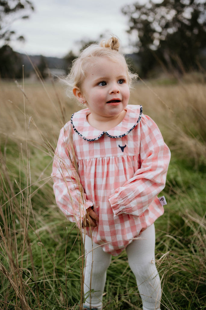 "River" Chucky Gingham Long Sleeve Bubble Romper-Little Windmill Clothing Co