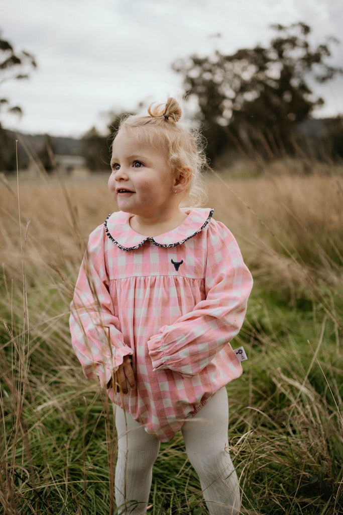 "River" Chucky Gingham Long Sleeve Bubble Romper-Little Windmill Clothing Co