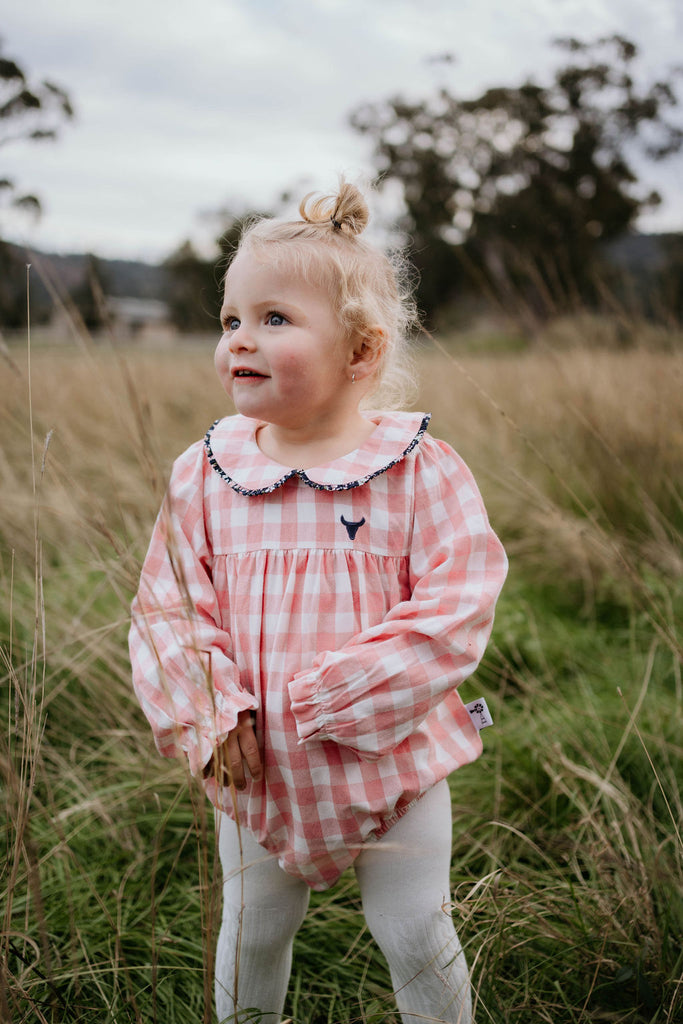 "River" Chucky Gingham Long Sleeve Bubble Romper-Little Windmill Clothing Co