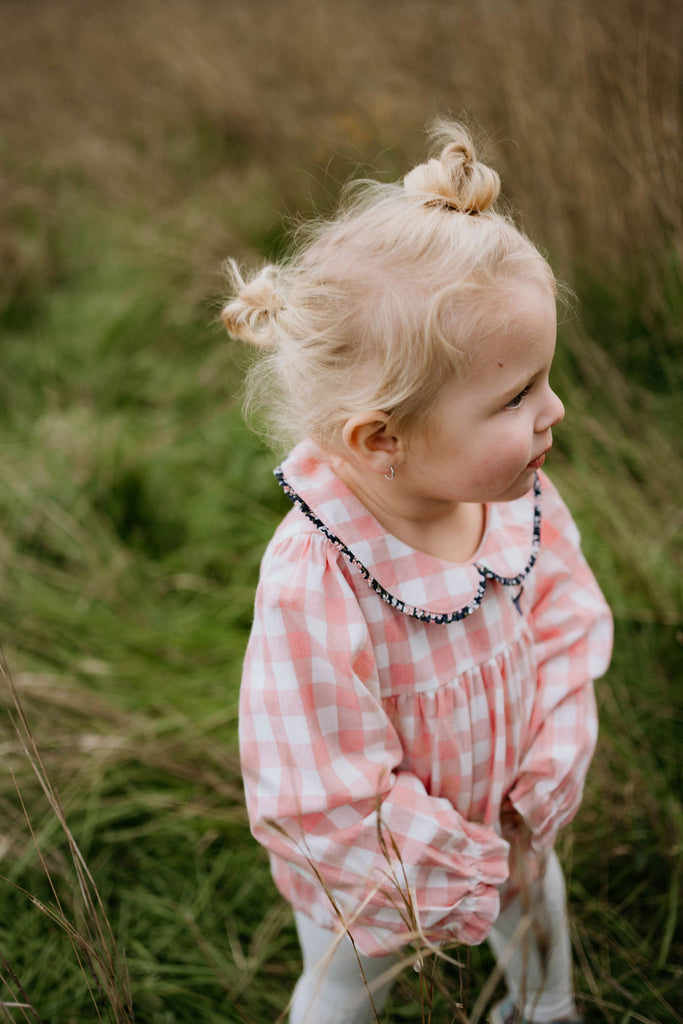 "River" Chucky Gingham Long Sleeve Bubble Romper-Little Windmill Clothing Co