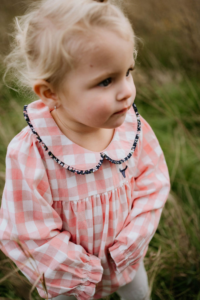 "River" Chucky Gingham Long Sleeve Bubble Romper-Little Windmill Clothing Co