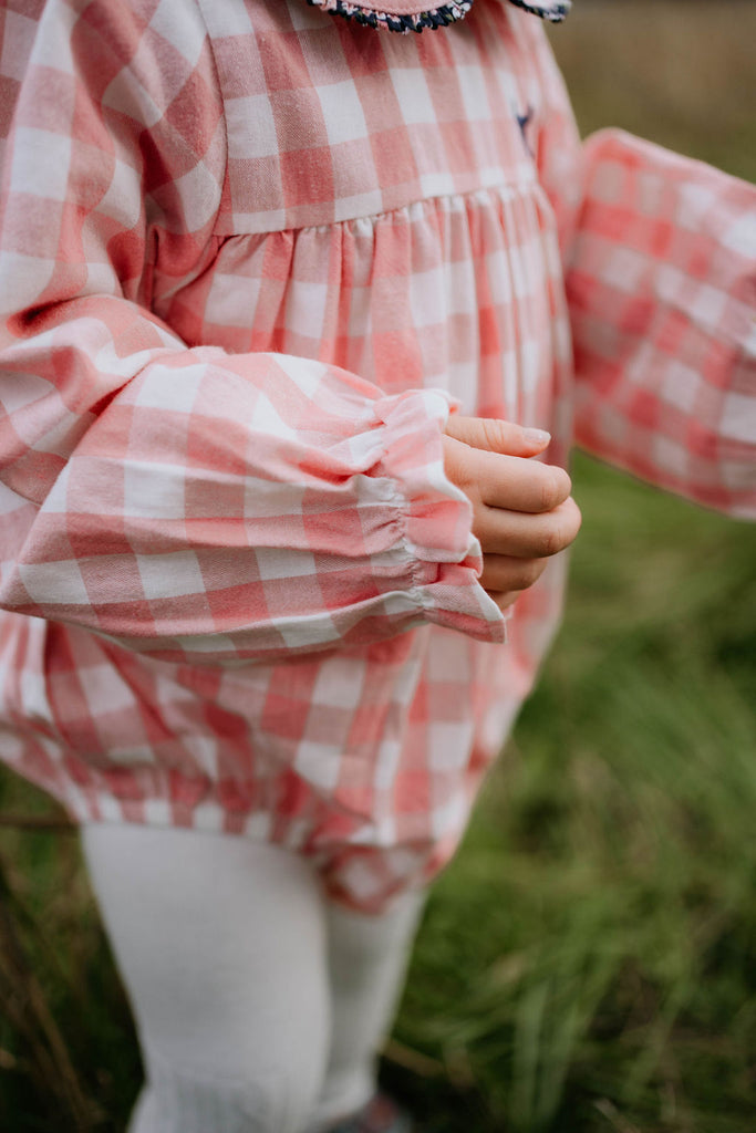 "River" Chucky Gingham Long Sleeve Bubble Romper-Little Windmill Clothing Co