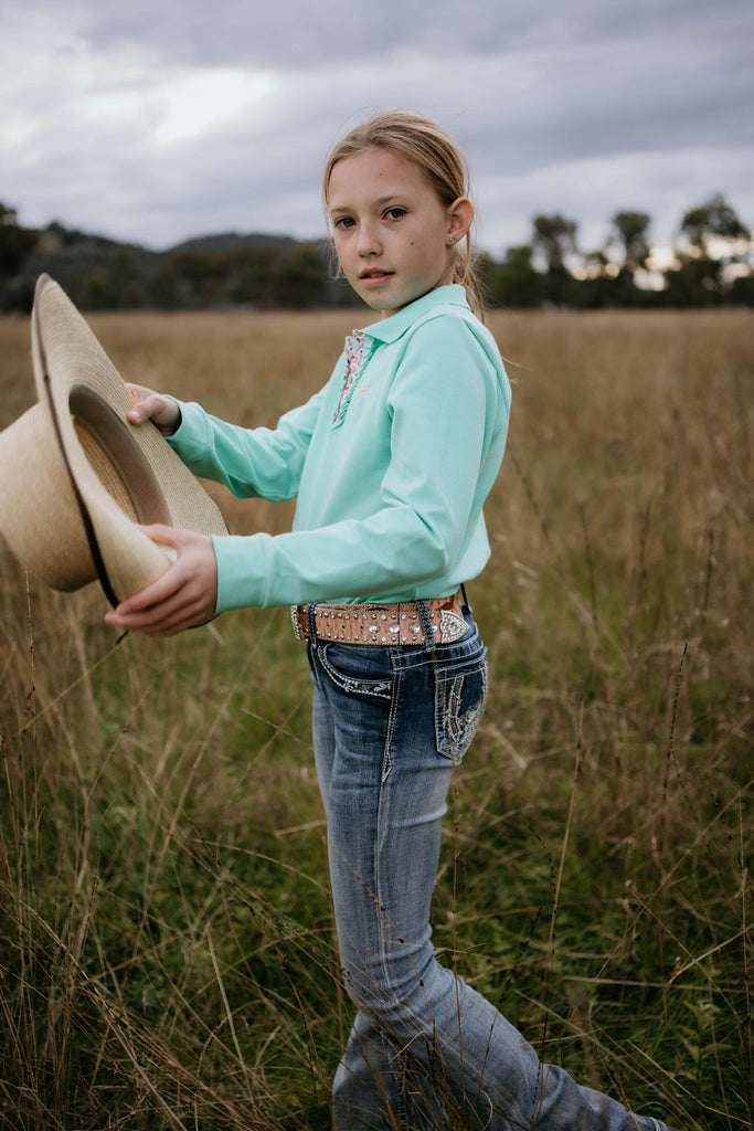 "Jill Jnr" Lush Mint Contrast Long Sleeve Polo-Little Windmill Clothing Co