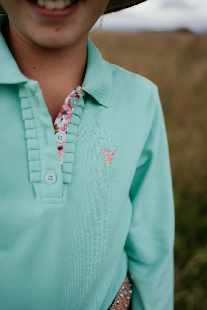 "Jill Jnr" Lush Mint Contrast Long Sleeve Polo-Little Windmill Clothing Co