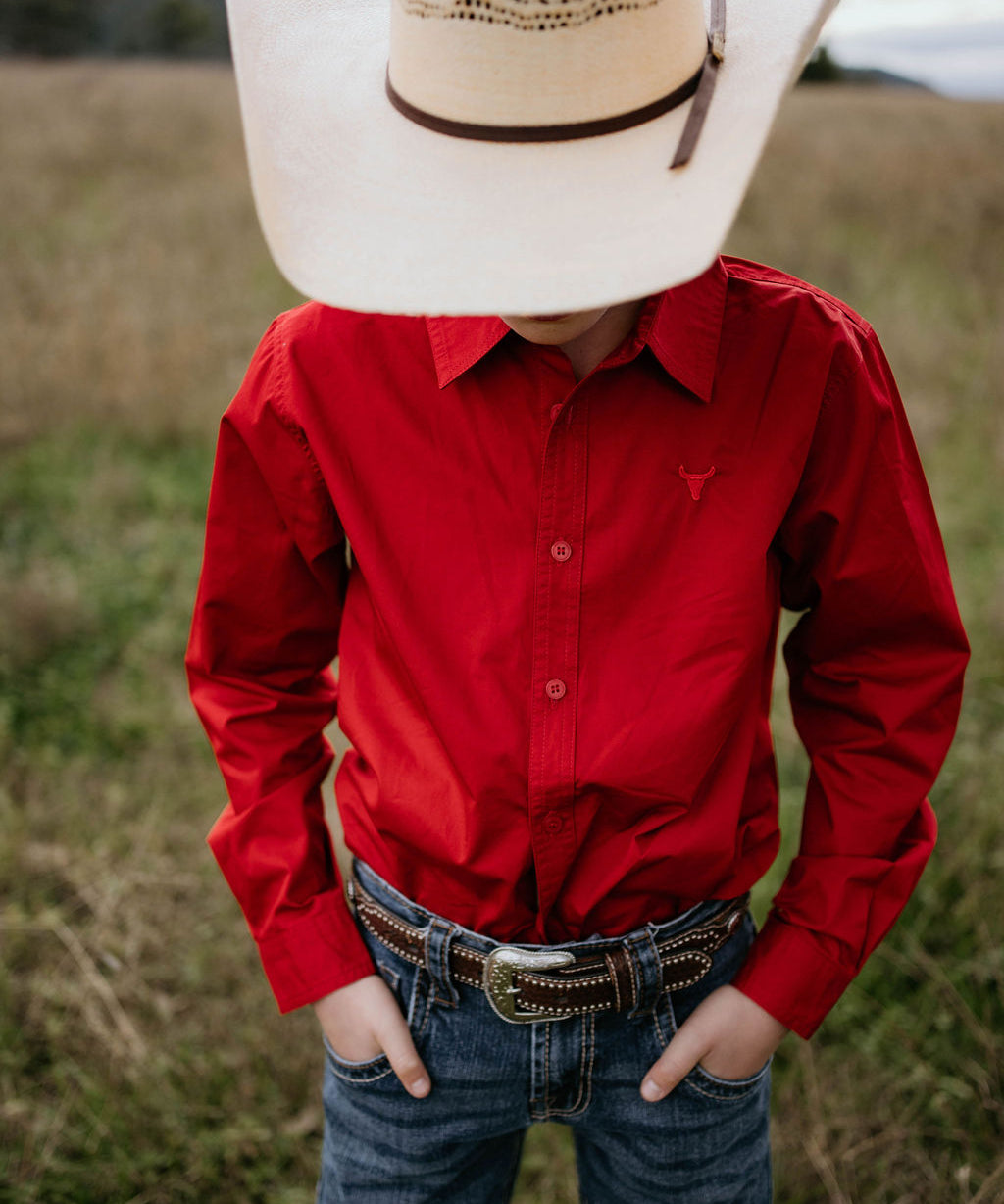 All Rounder red shirt worn by child showing classic country style in bright red