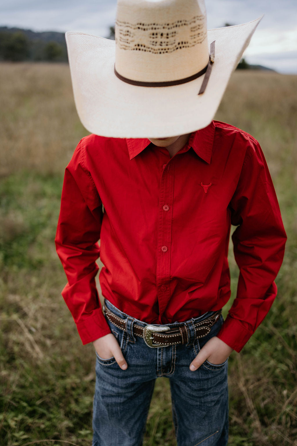 All Rounder red shirt worn by child showing classic country style in bright red