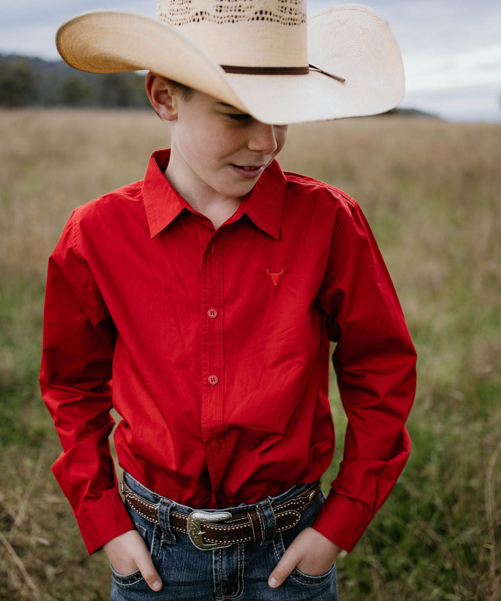 All Rounder red long sleeve shirt front view showing classic relaxed country fit in bold red