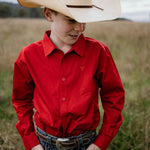 All Rounder red long sleeve shirt front view showing classic relaxed country fit in bold red
