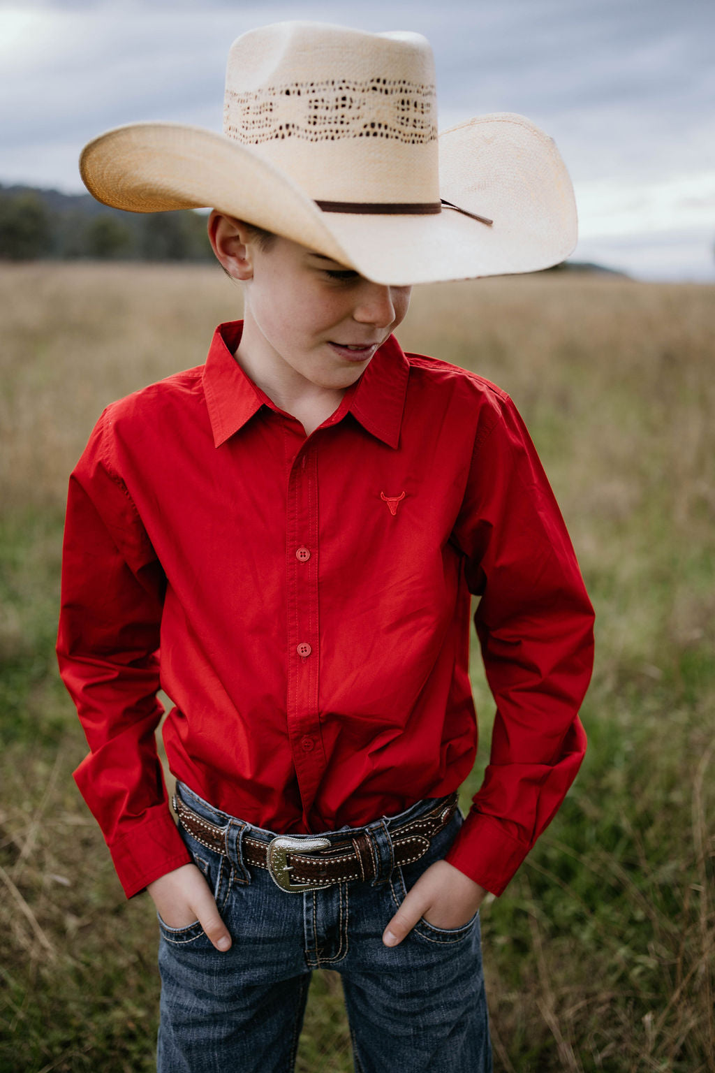 All Rounder red long sleeve shirt front view showing classic relaxed country fit in bold red