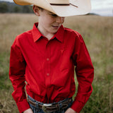 All Rounder red long sleeve shirt front view showing classic relaxed country fit in bold red