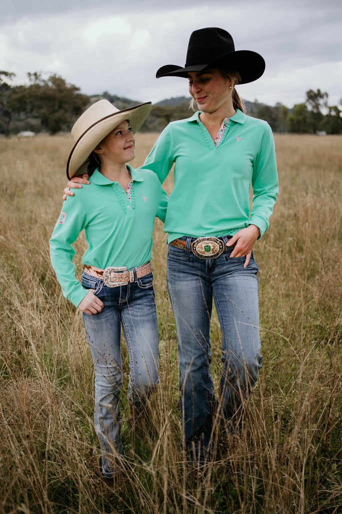 "Jill Jnr" Lush Mint Contrast Long Sleeve Polo-Little Windmill Clothing Co