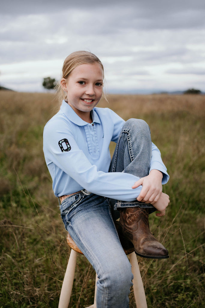 "Emily Jnr" Soft Baby Blue Contrast Long Sleeve Polo-Little Windmill Clothing Co