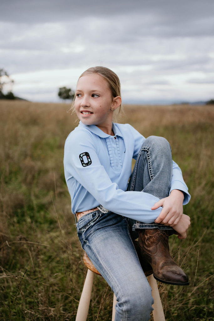 "Emily Jnr" Soft Baby Blue Contrast Long Sleeve Polo-Little Windmill Clothing Co