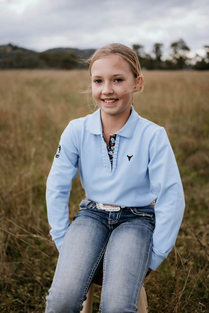 "Emily Jnr" Soft Baby Blue Contrast Long Sleeve Polo-Little Windmill Clothing Co