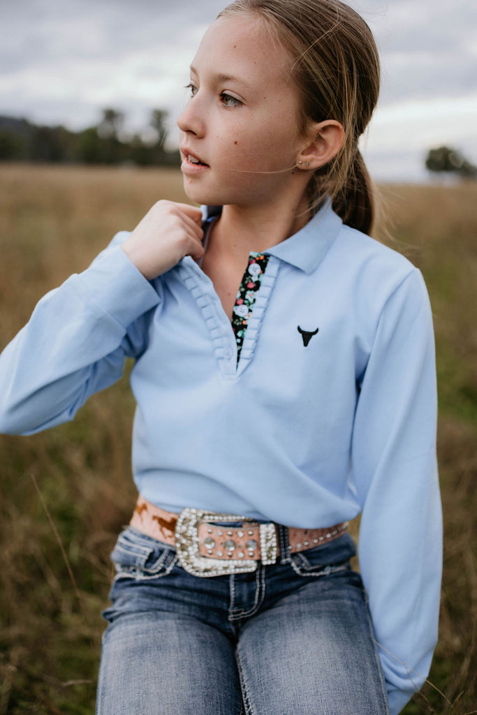 "Emily Jnr" Soft Baby Blue Contrast Long Sleeve Polo-Little Windmill Clothing Co