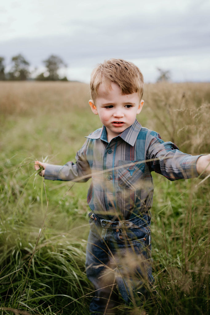 "Jamie Baby" Checked Storm Blue Long Sleeve Romper-Little Windmill Clothing Co