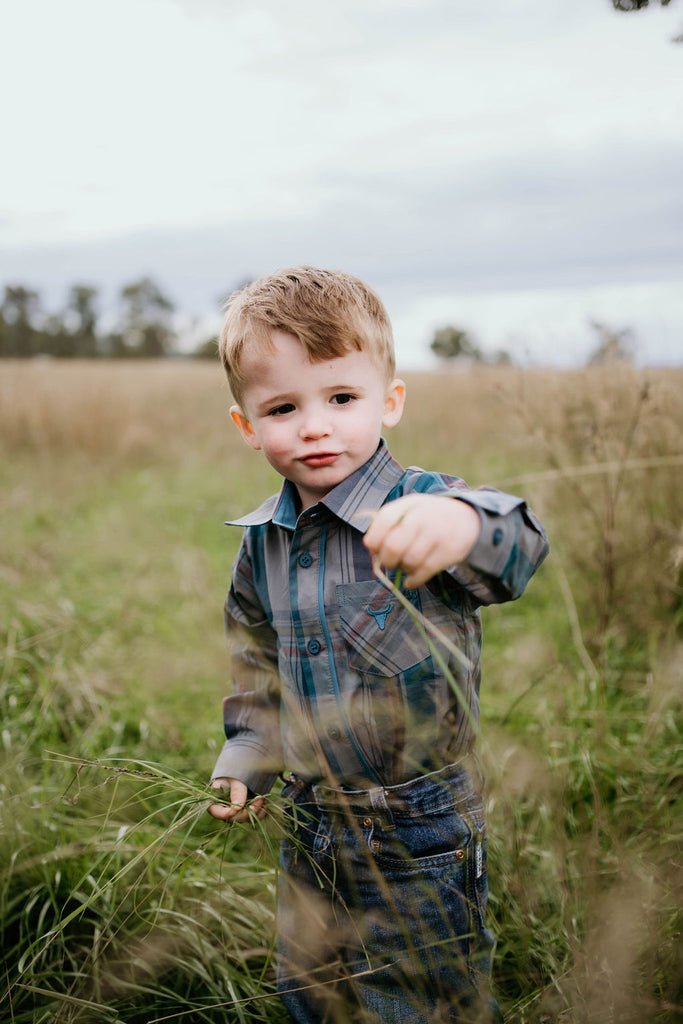 "Jamie Baby" Checked Storm Blue Long Sleeve Romper-Little Windmill Clothing Co