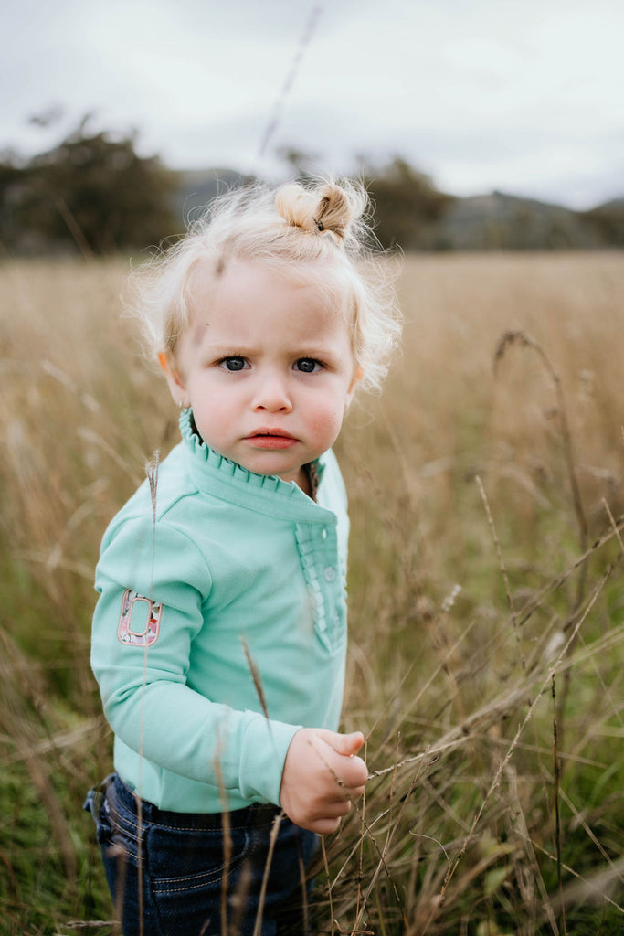 "Jill Baby" Lush Mint Contrast Long Sleeve Baby Polo Romper-Little Windmill Clothing Co