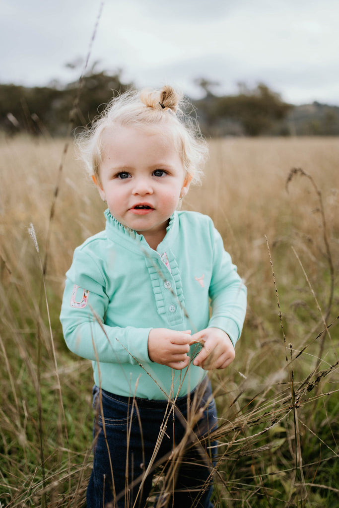 "Jill Baby" Lush Mint Contrast Long Sleeve Baby Polo Romper-Little Windmill Clothing Co