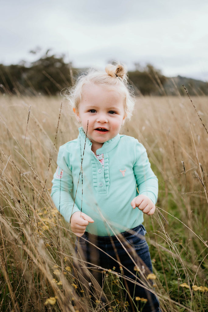 "Jill Baby" Lush Mint Contrast Long Sleeve Baby Polo Romper-Little Windmill Clothing Co