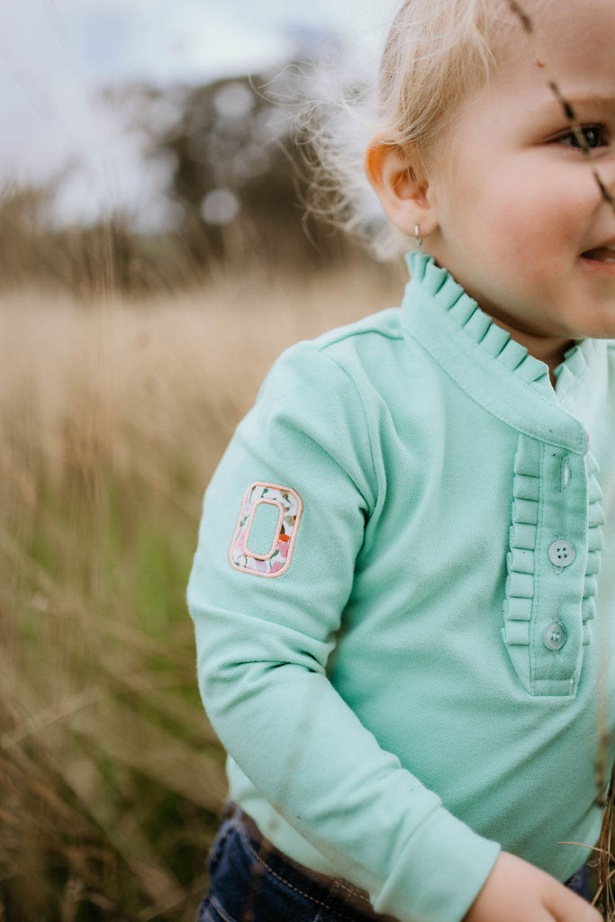 "Jill Baby" Lush Mint Contrast Long Sleeve Baby Polo Romper-Little Windmill Clothing Co